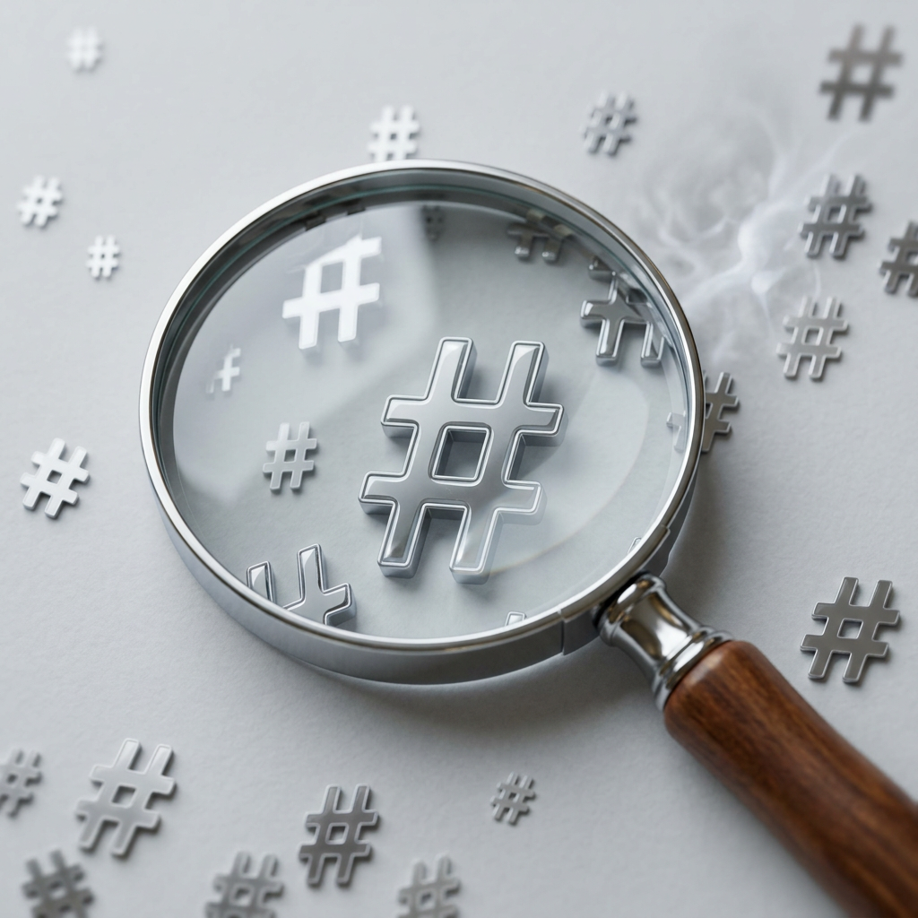 Magnifying glass enlarging a single metallic hashtag symbol among many smaller hashtags on a light surface