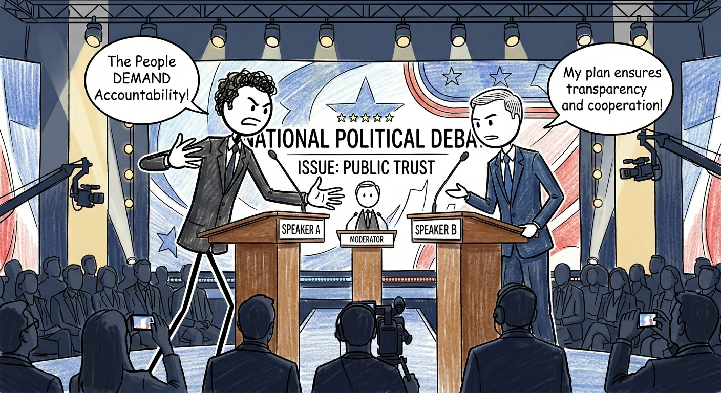 Two speakers arguing about accountability and transparency during a national political debate.